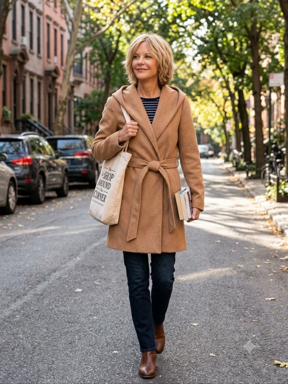 Women's Hooded Wrap Coat with Tie Belt - Camel
